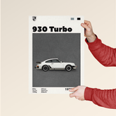 Dripster Porsche 930 Turbo poster featuring a white classic 930 Turbo car on a gray background